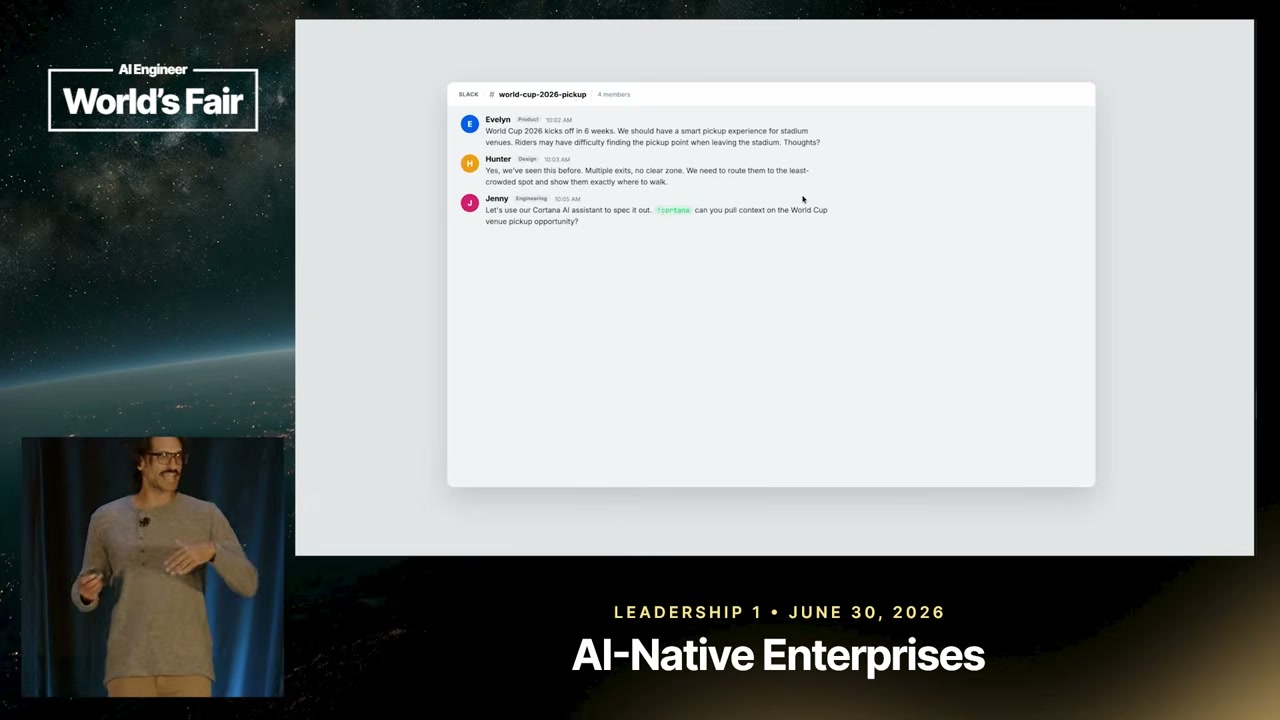Slack ideation about stadium pickup and a Cortana invocation.