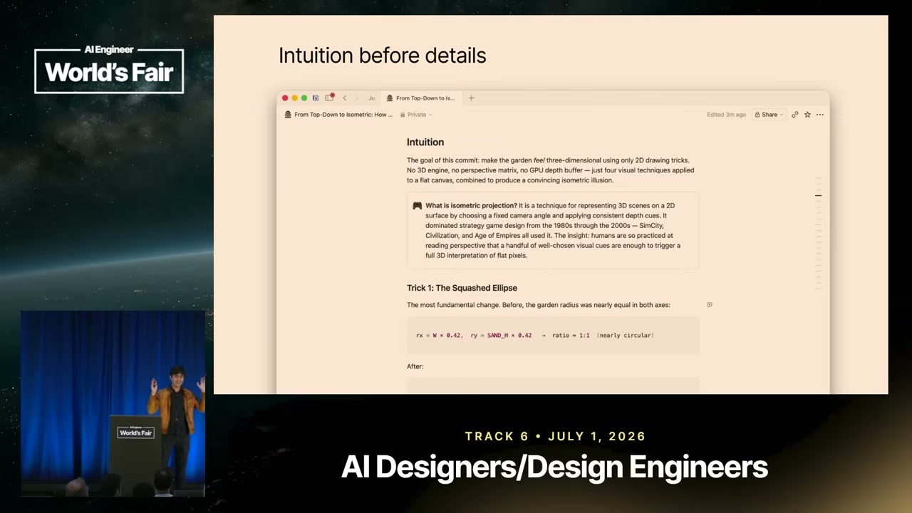 A presentation slide titled "Intuition before details" shows a Notion-style document explaining an isometric drawing goal and an initial "Trick 1: The Squashed Ellipse."