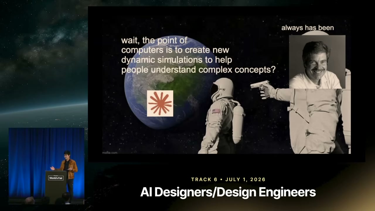 A slide asks whether computers are meant to create dynamic simulations that help people understand complex concepts, alongside a space-themed collage and the section title AI Designers/Design Engineers.