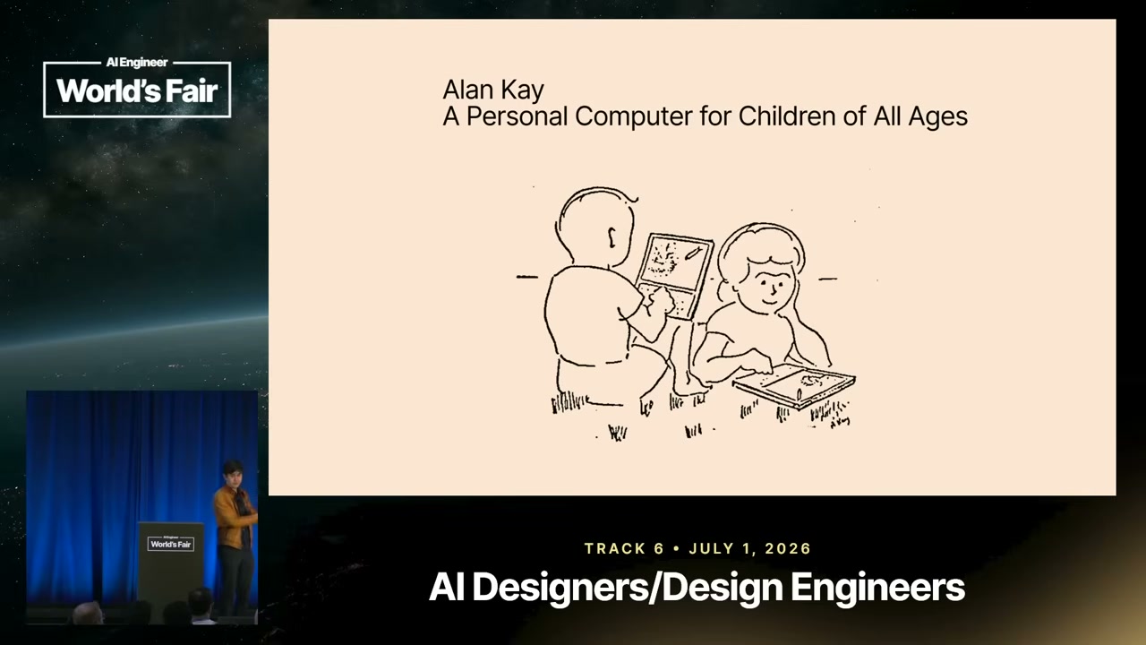 「Alan Kay / A Personal Computer for Children of All Ages」と書かれたスライド。タブレットのようなコンピューターを使う二人の子どもが描かれています。