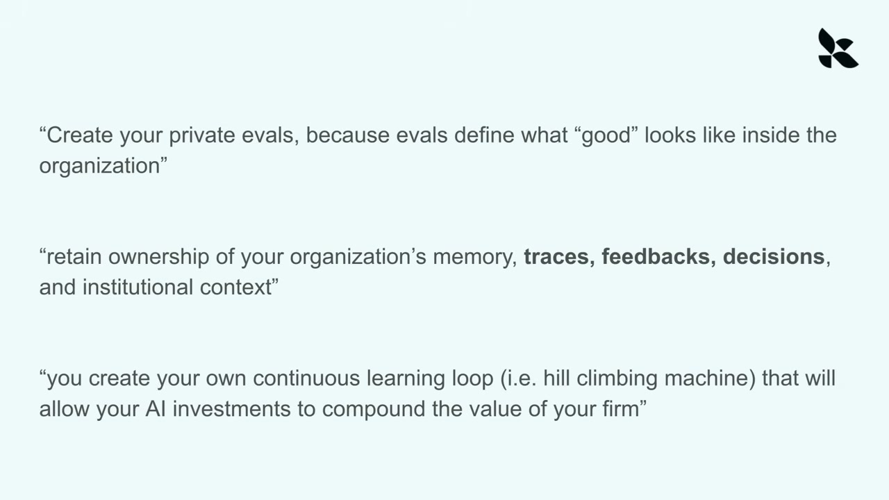 A slide presents three principles for building organizational advantage around AI investments.