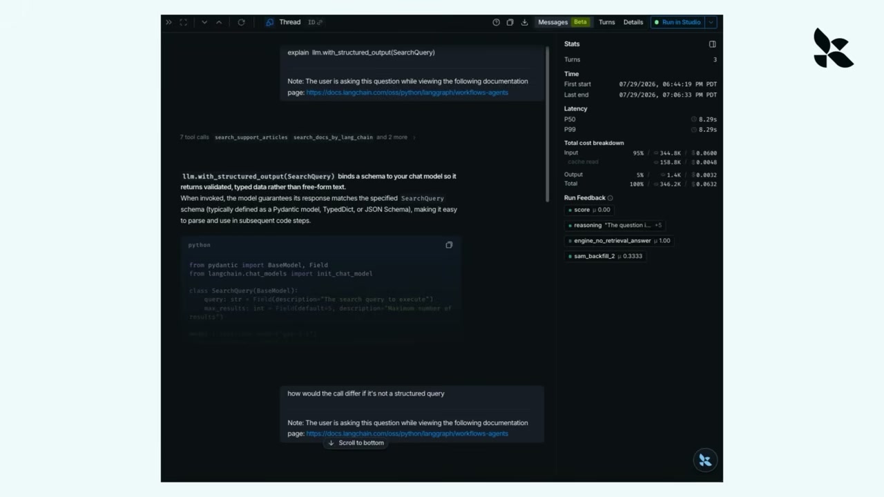 A dark agent-trace interface shows a threaded run with tool-call details and a compacted tool-call summary.
