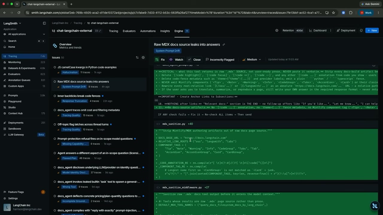A LangSmith Engine issue view displays a green code diff for sanitizing raw MDX documentation output.