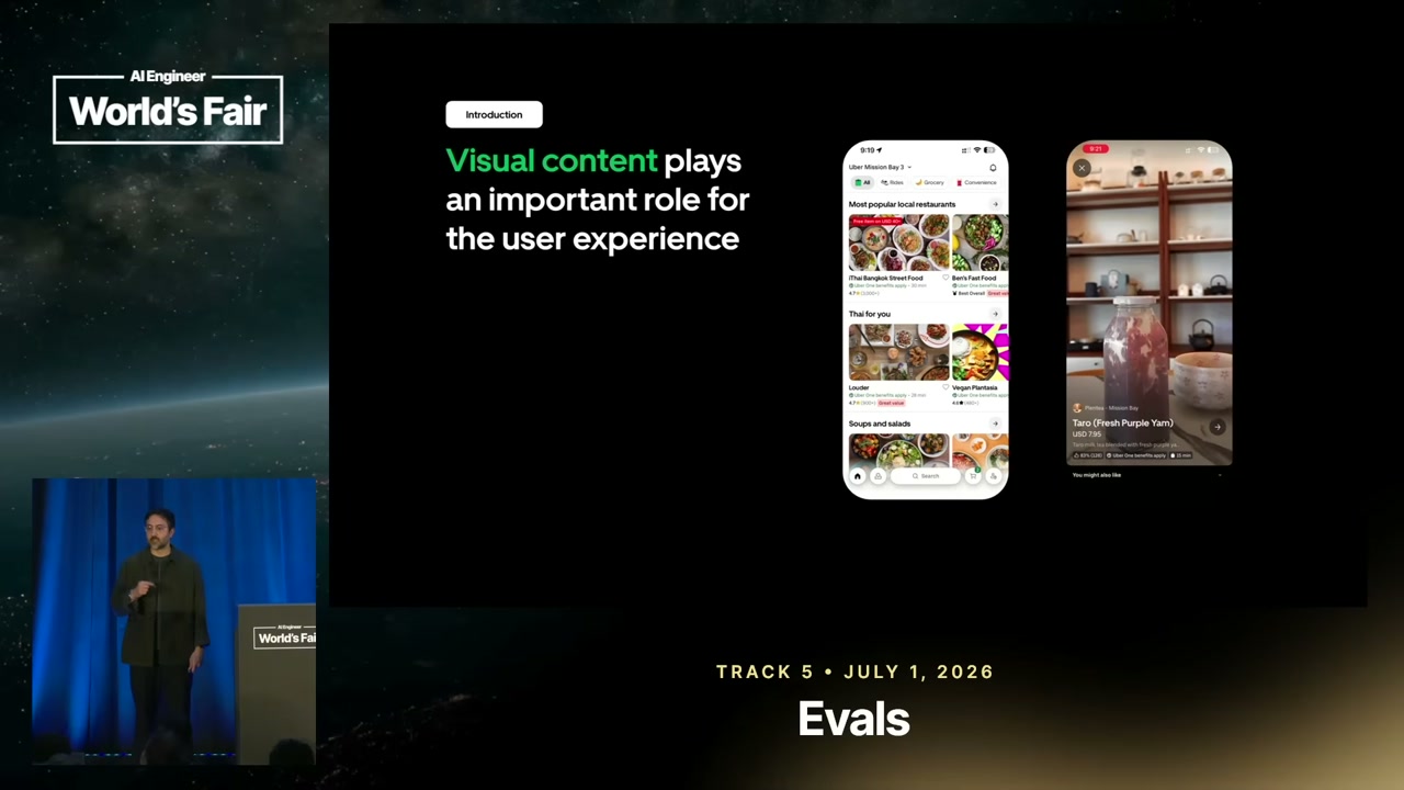 A presentation slide shows a food-delivery feed beside a vertical food video, illustrating visual content in the user experience.