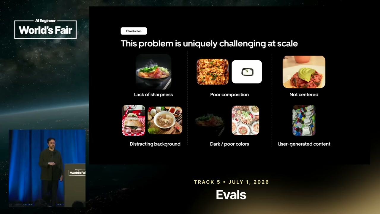 Slide titled “This problem is uniquely challenging at scale” showing food-image examples grouped by visible quality problems and user-generated content.