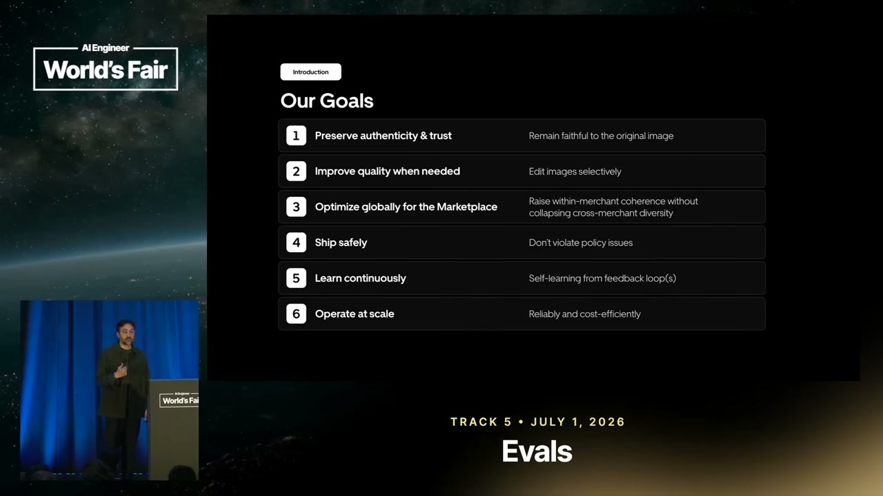 A slide titled “Our Goals” presents six simultaneous objectives for the image agent.