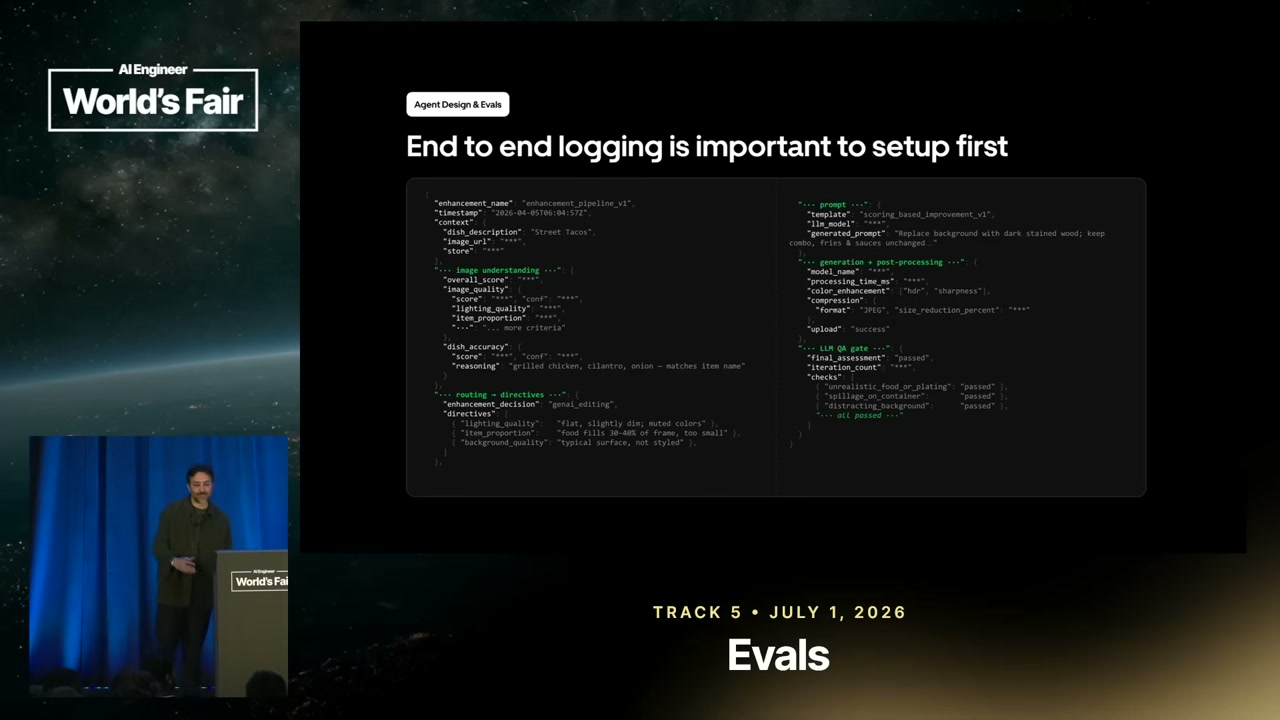 A slide shows an end-to-end flat JSON logging trace for an image-enhancement case.