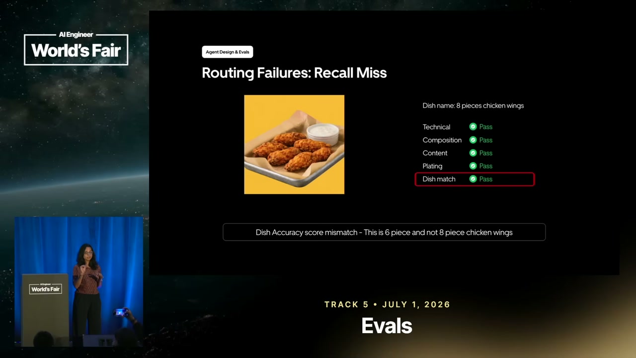 A slide titled ‘Routing Failures: Recall Miss’ contrasts an image of six chicken wings with an eight-piece dish description that is marked as passing.