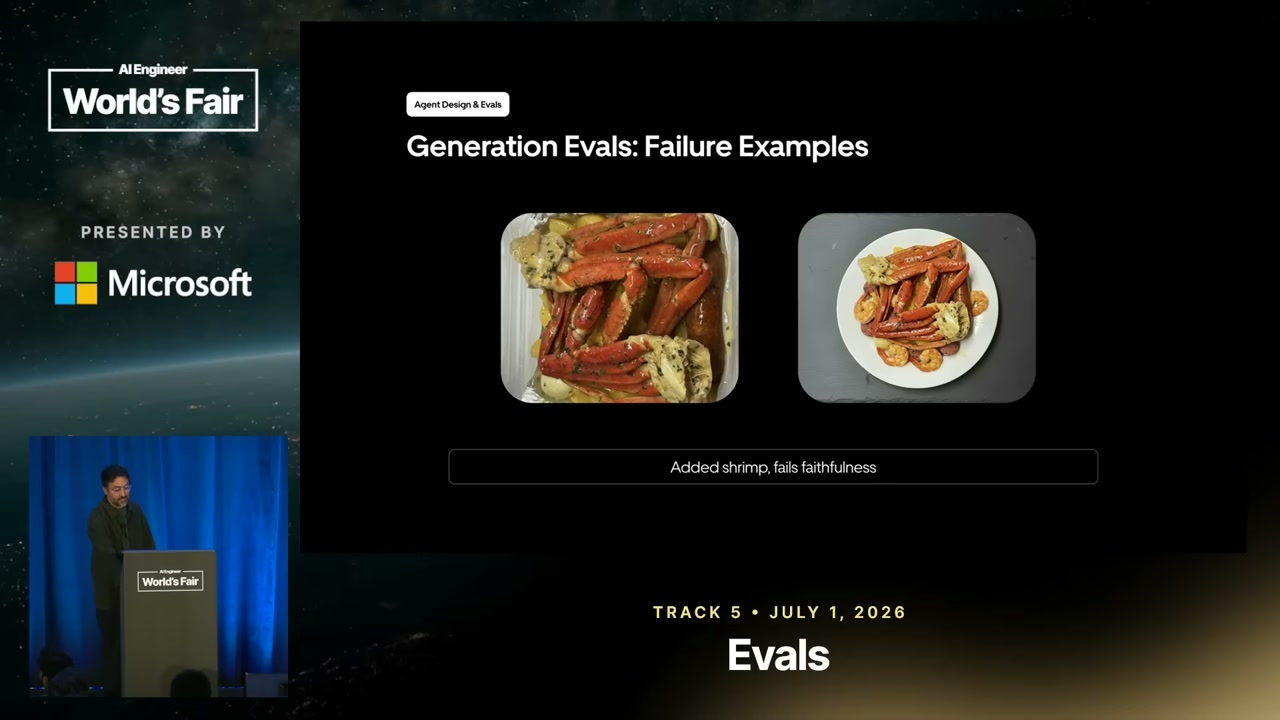 A generation-evaluation failure example compares a source food image with an edited image containing added shrimp.