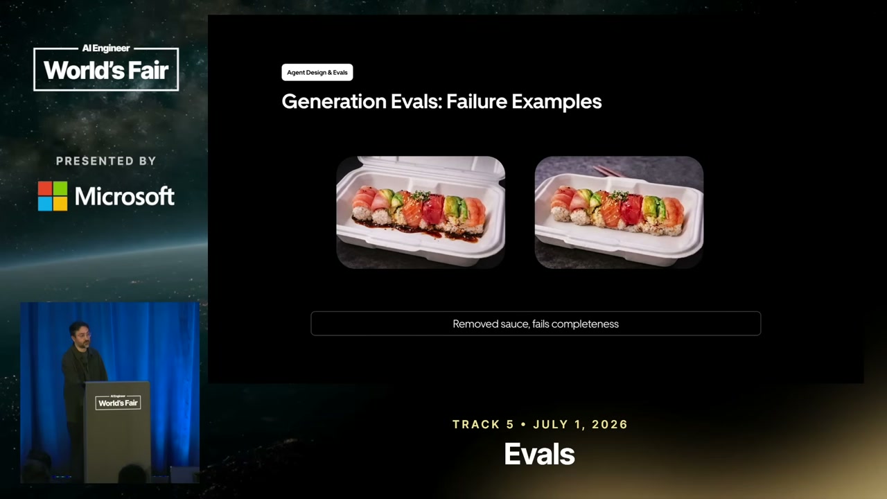 A Generation Evals failure example compares two sushi images: the sauce visible beneath the sushi in the left image is absent in the right image.