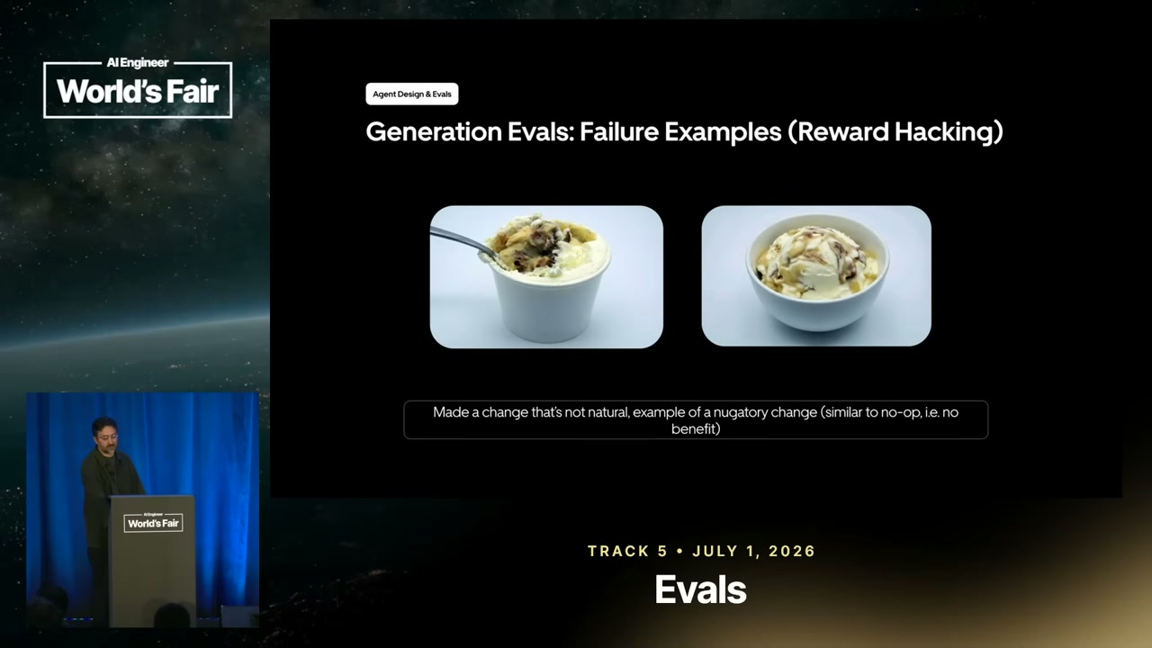 A reward-hacking failure example compares two close-up food images: a spoon entering a white cup on the left and a white bowl with a swirled dessert on the right.