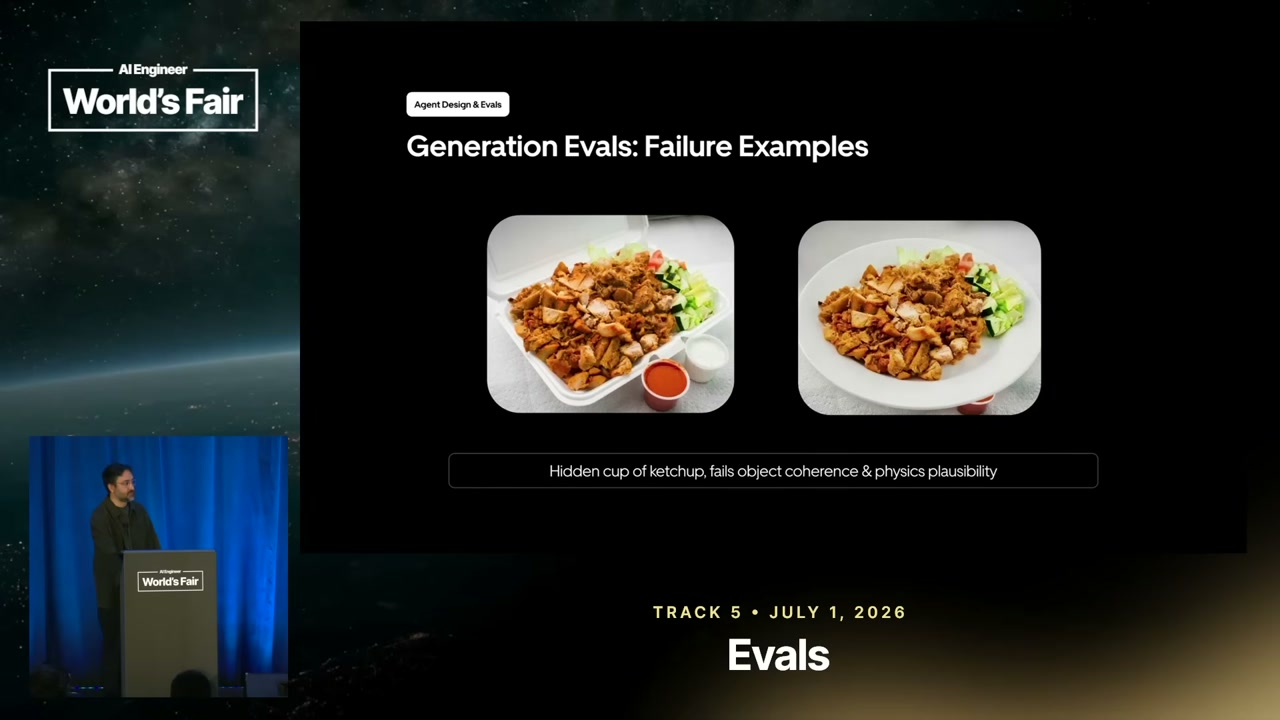 Generation-evaluation failure example showing a red sauce cup obscured by a plate.