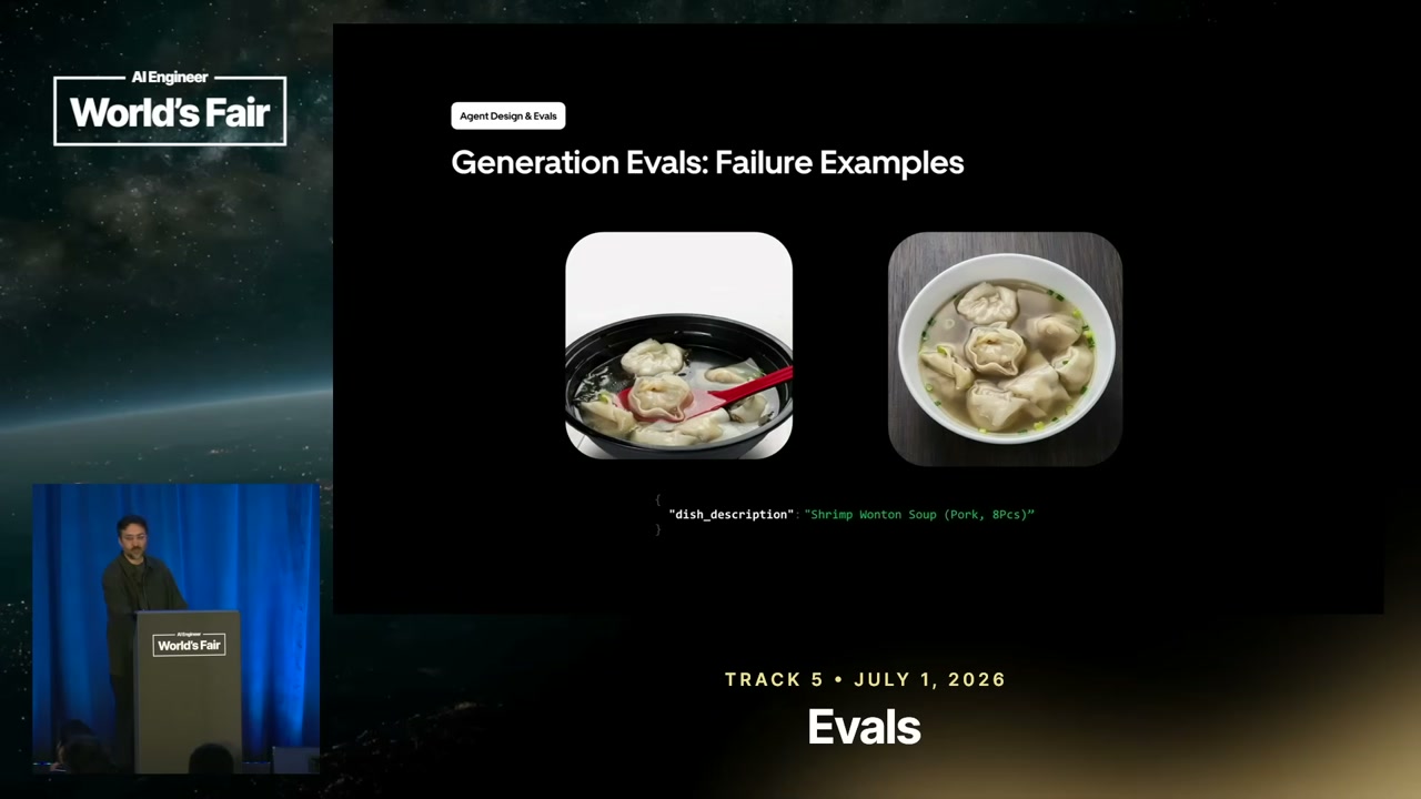 A Generation Evals failure-example slide pairs two wonton soup images with a dish description containing an eight-piece count.