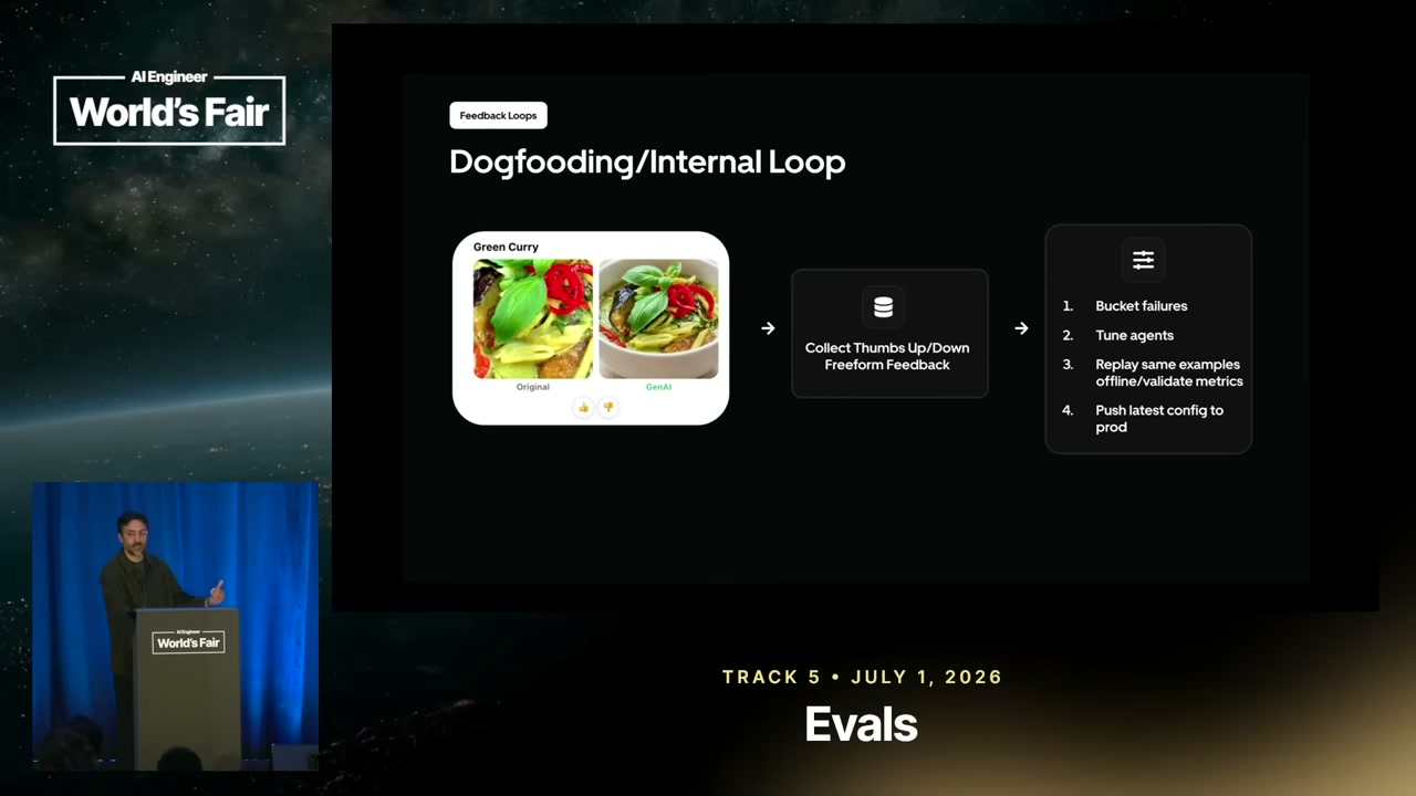 A Dogfooding/Internal Loop diagram shows feedback collection flowing into failure bucketing, agent tuning, replay and metric validation, and production configuration release.