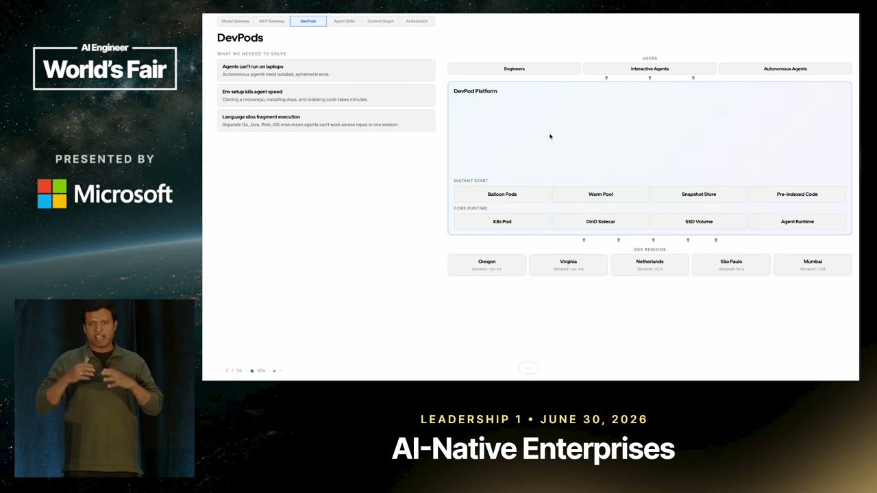 A DevPods architecture diagram presents the problems to solve, instant-start components, core runtime, users, and GKE regions.