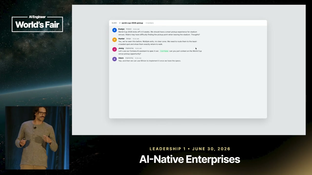 A presentation slide shows a Slack thread about planning World Cup 2026 stadium pickup logistics, including a Cortana assistant mention and a follow-up about using Minion.