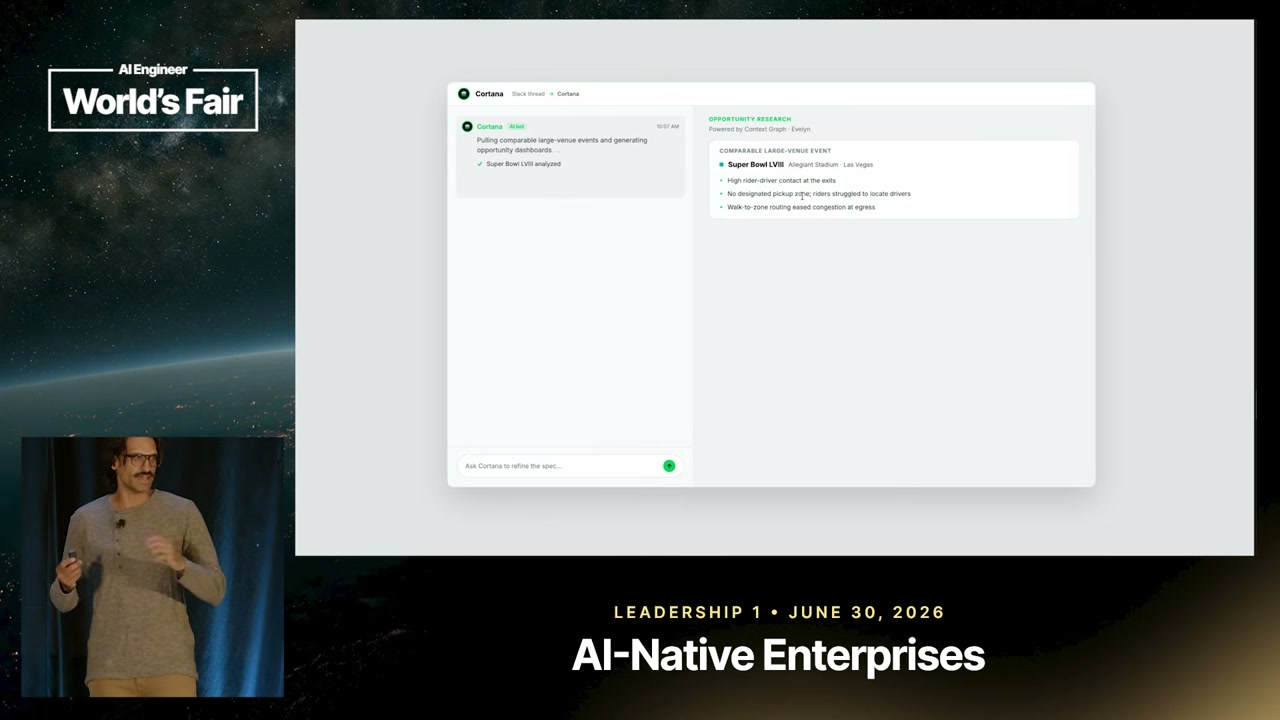 A Cortana interface displays an opportunity-research result based on a comparable large event.